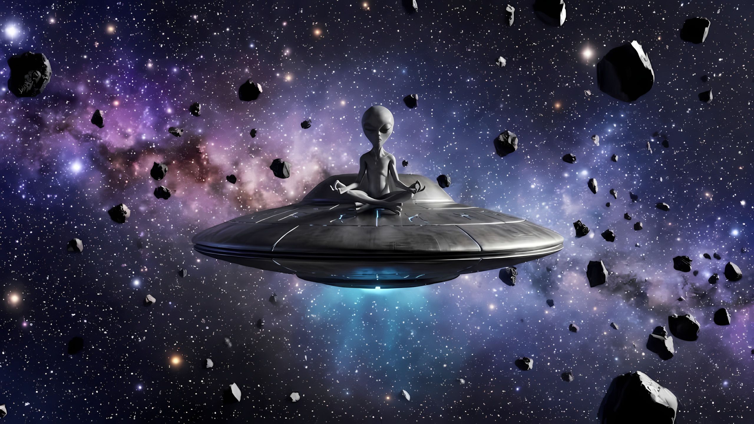 Oracle 51 meditating atop a spacecraft in an asteroid field